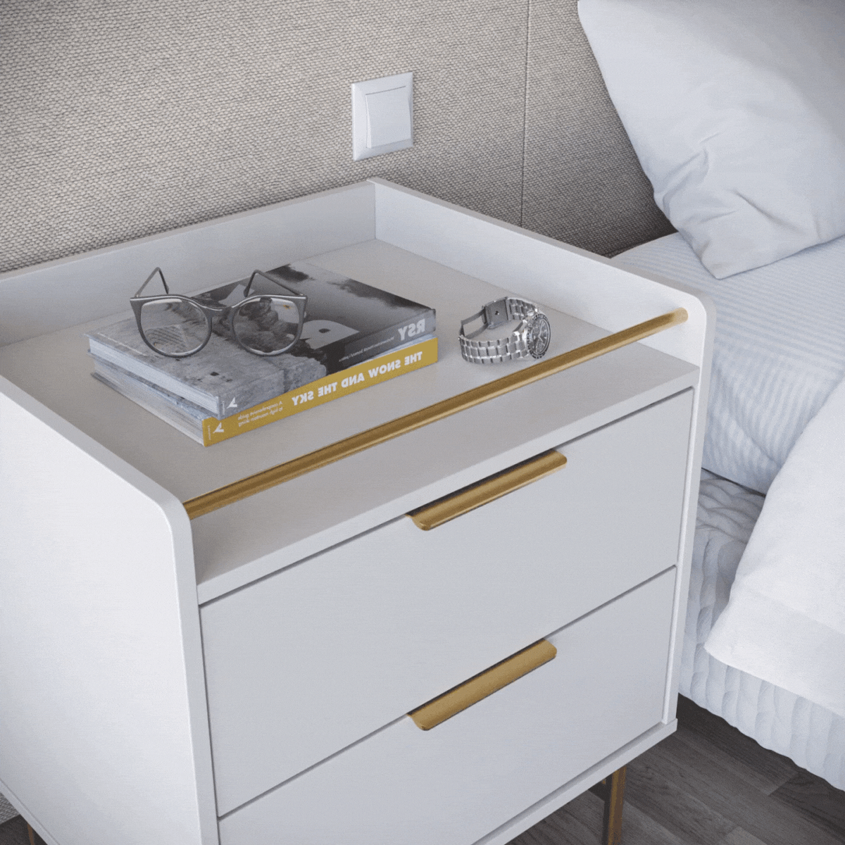 Mesa de Cabeceira 2 Gavetas com LED Yves  Off-White Fosco com Dourado