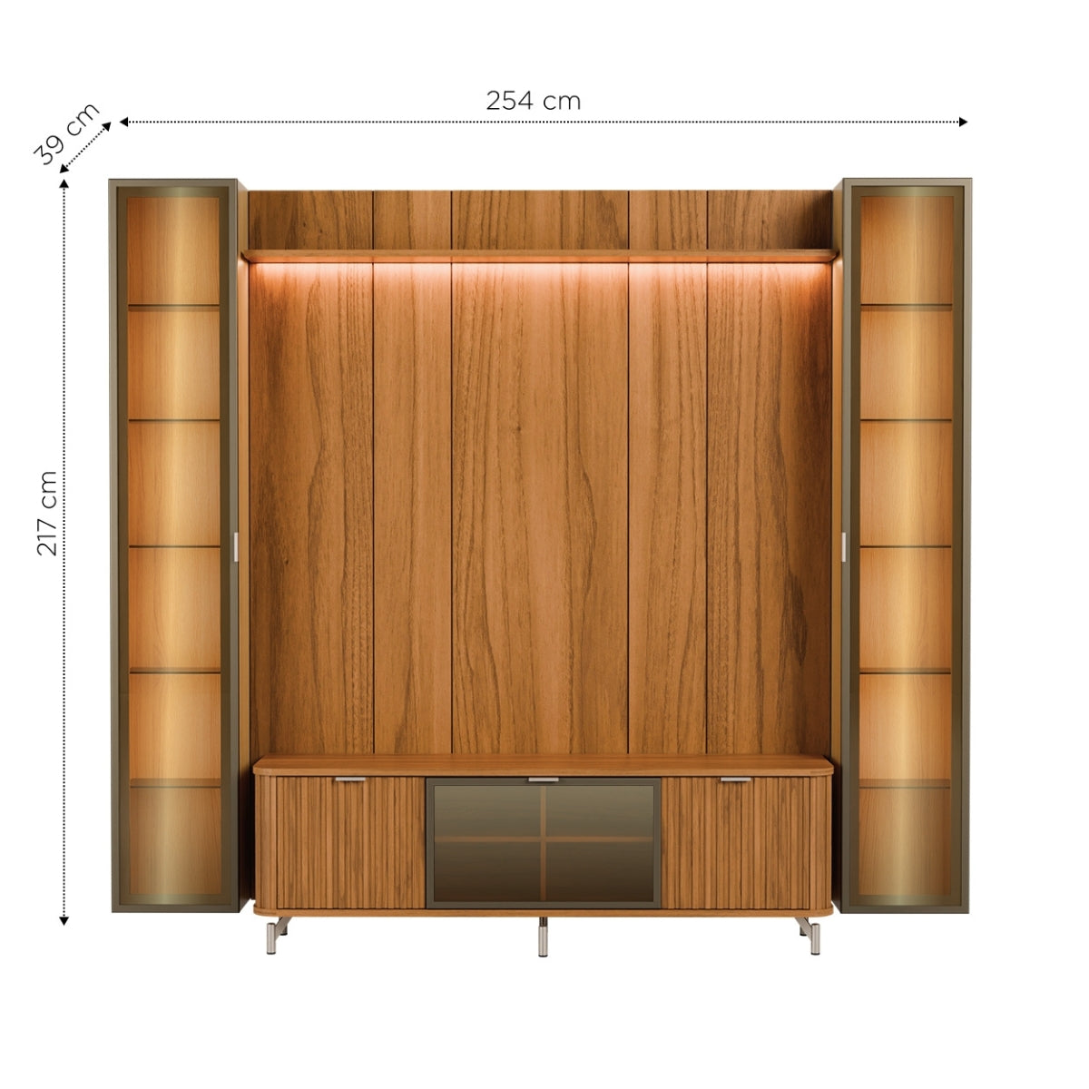 Estante para TV até 75 Polegadas com 2 Cristaleiras Vidro Reflecta 100% MDF com Led Neon Float 254cm
