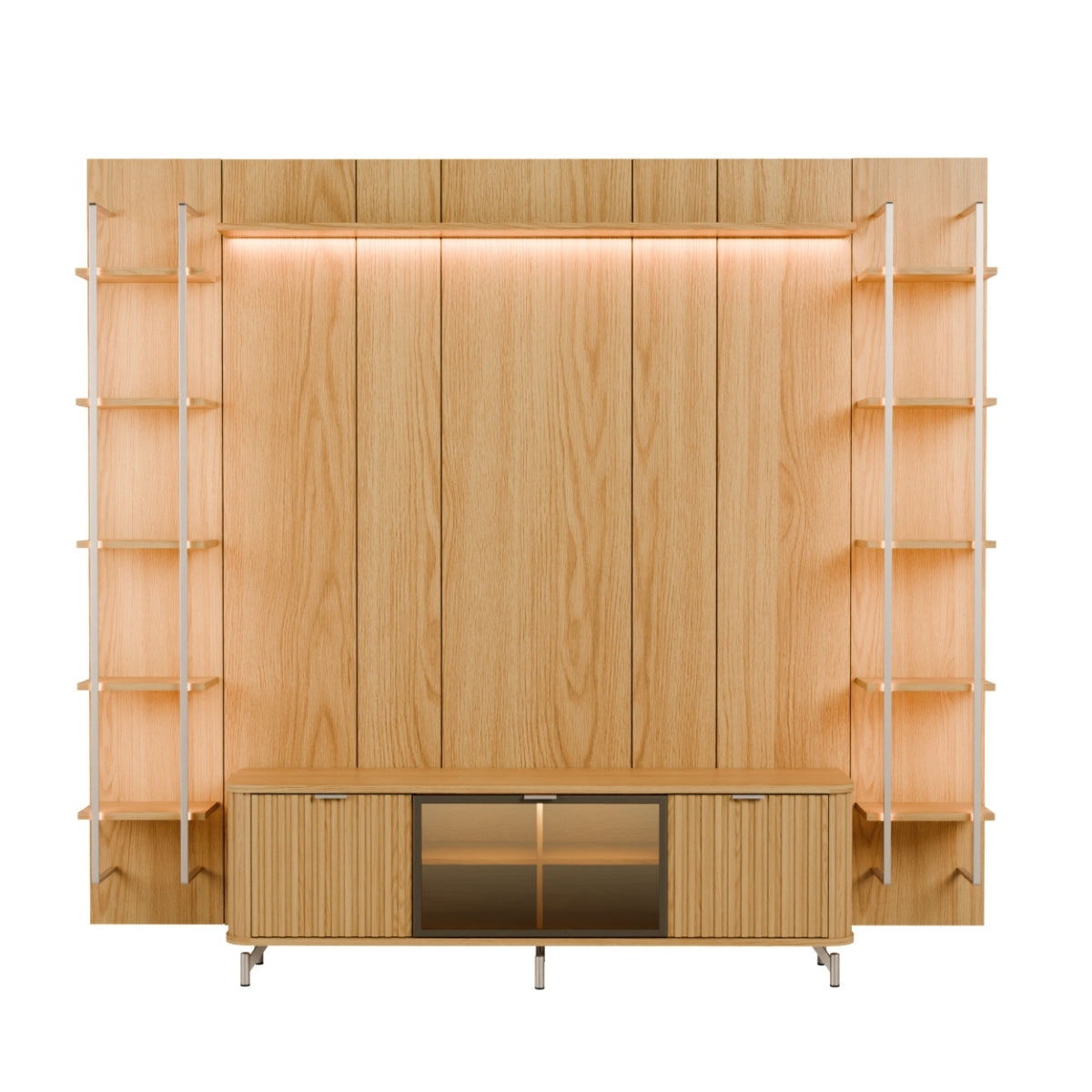 Estante para TV até 75 Polegadas Vidro Reflecta com Prateleiras 100% MDF com Led Neon Float 254cm