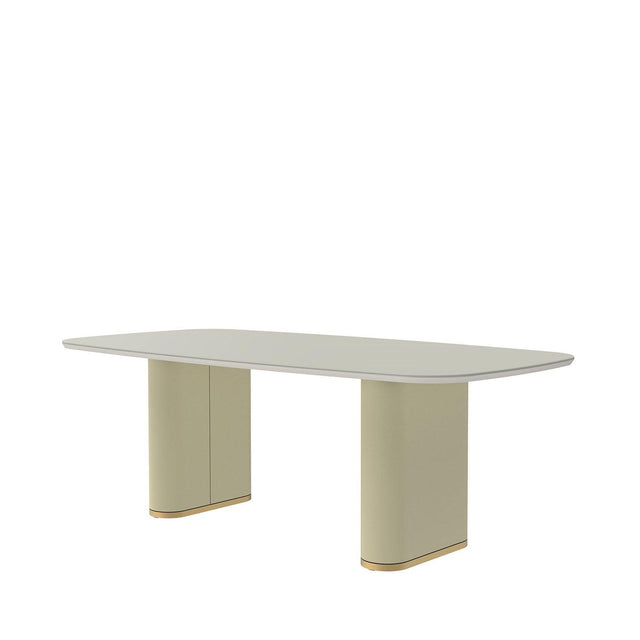 Mesa de Jantar Lintz 219 cm - Off White Fosco c/ PU Bege - Dourado