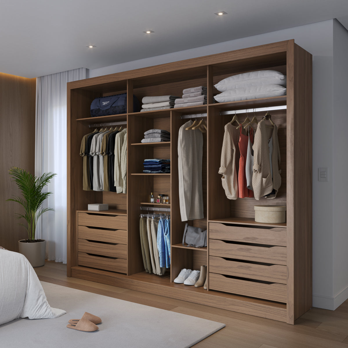 Guarda-Roupa Casal 3 Portas de Correr 8 Gavetas Montclair 275 cm Canella com Off-White Fosco