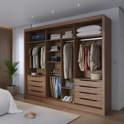 Guarda-Roupa Casal 3 Portas de Correr 8 Gavetas Montclair 275 cm Canella com Off-White Fosco