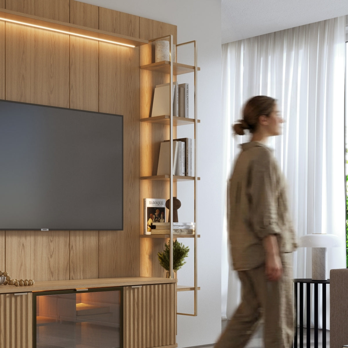 Estante para TV até 75 Polegadas com Prateleiras e Cristaleira Vidro Reflecta 100% MDF com Led Neon Float 254cm