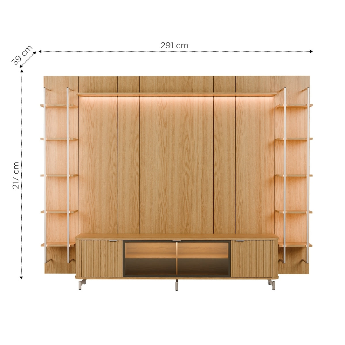Estante para TV até 85 Polegadas Vidro Reflecta com Prateleiras 100% MDF com Led Neon Float 291cm