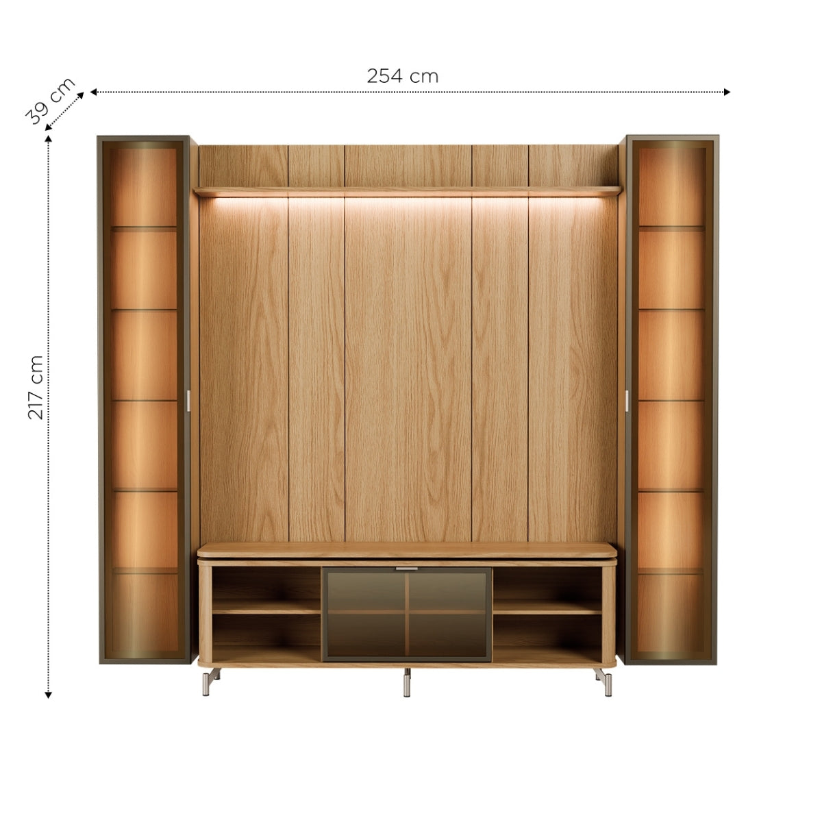Estante para TV até 75 Polegadas com 2 Cristaleiras Vidro Reflecta 100% MDF com Led Lincoln Float 254cm