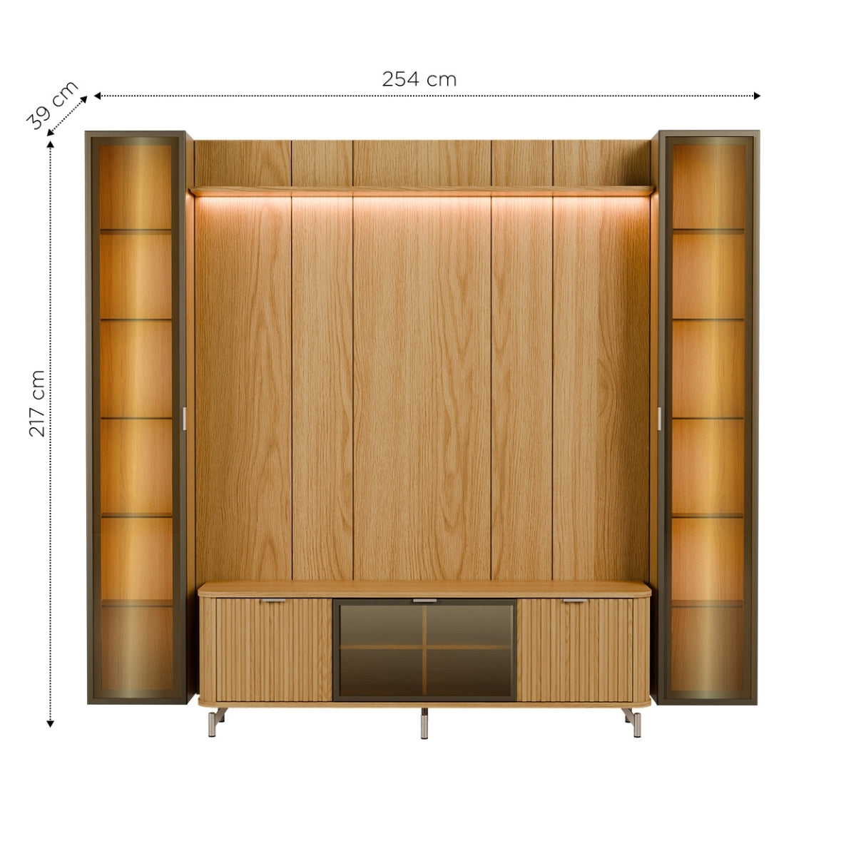 Estante para TV até 75 Polegadas com 2 Cristaleiras Vidro Reflecta 100% MDF com Led Neon Float 254cm