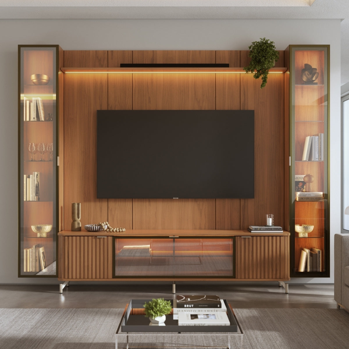 Estante para TV até 85 Polegadas com 2 Cristaleiras Vidro Reflecta 100% MDF com Led Lincoln Float 291cm