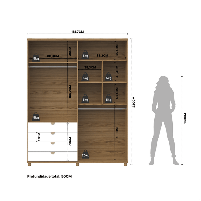 Homedock Guarda-Roupa Casal com Espelho 4 Portas 4 Gavetas 100% MDF Look 181 cm - Freijó c/ Branco Fosco - Champanhe Móveis Província