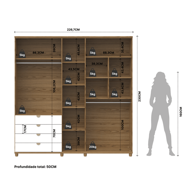 Homedock Guarda-Roupa Casal com Espelho 5 Portas 4 Gavetas 100% MDF Look 226 cm - Freijó c/ Branco Fosco - Champanhe Móveis Província