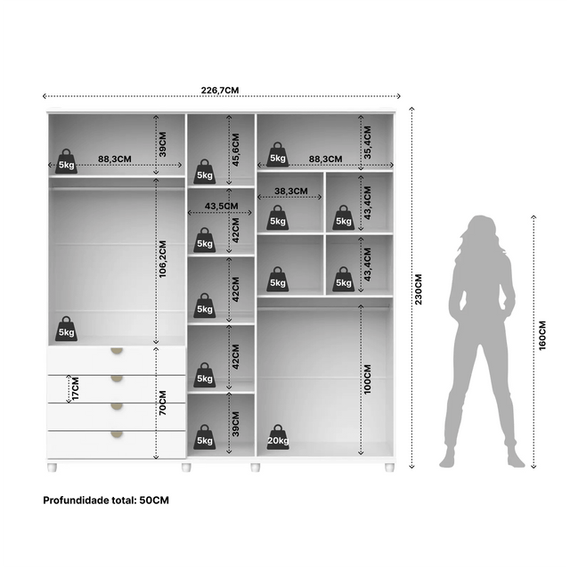 Homedock Guarda-Roupa Casal com Espelho 5 Portas 4 Gavetas 100% MDF Look 226 cm - Branco Fosco c/ Champanhe Móveis Província