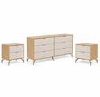 Cômoda com 6 Gavetas e 2 Mesas de Cabeceira Glow Off White Fosco com Champanhe