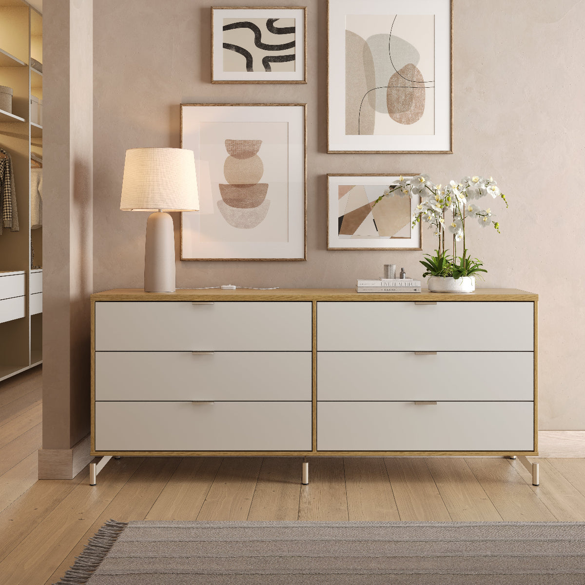 Cômoda com 6 Gavetas e 2 Mesas de Cabeceira Glow Off White Fosco com Champanhe