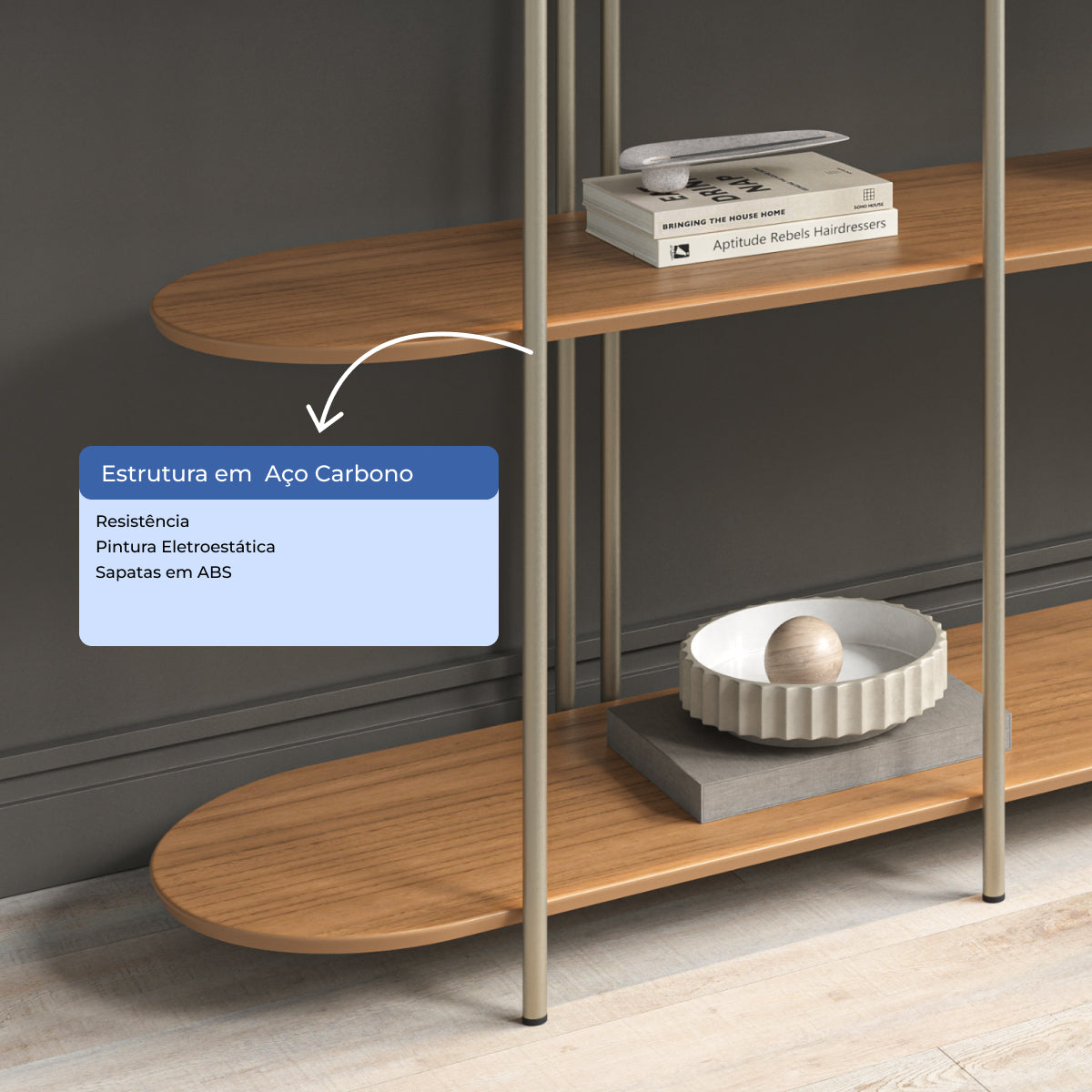 Estante 5 Prateleiras Aço com MDF Enya 180cm Canella com Champanhe