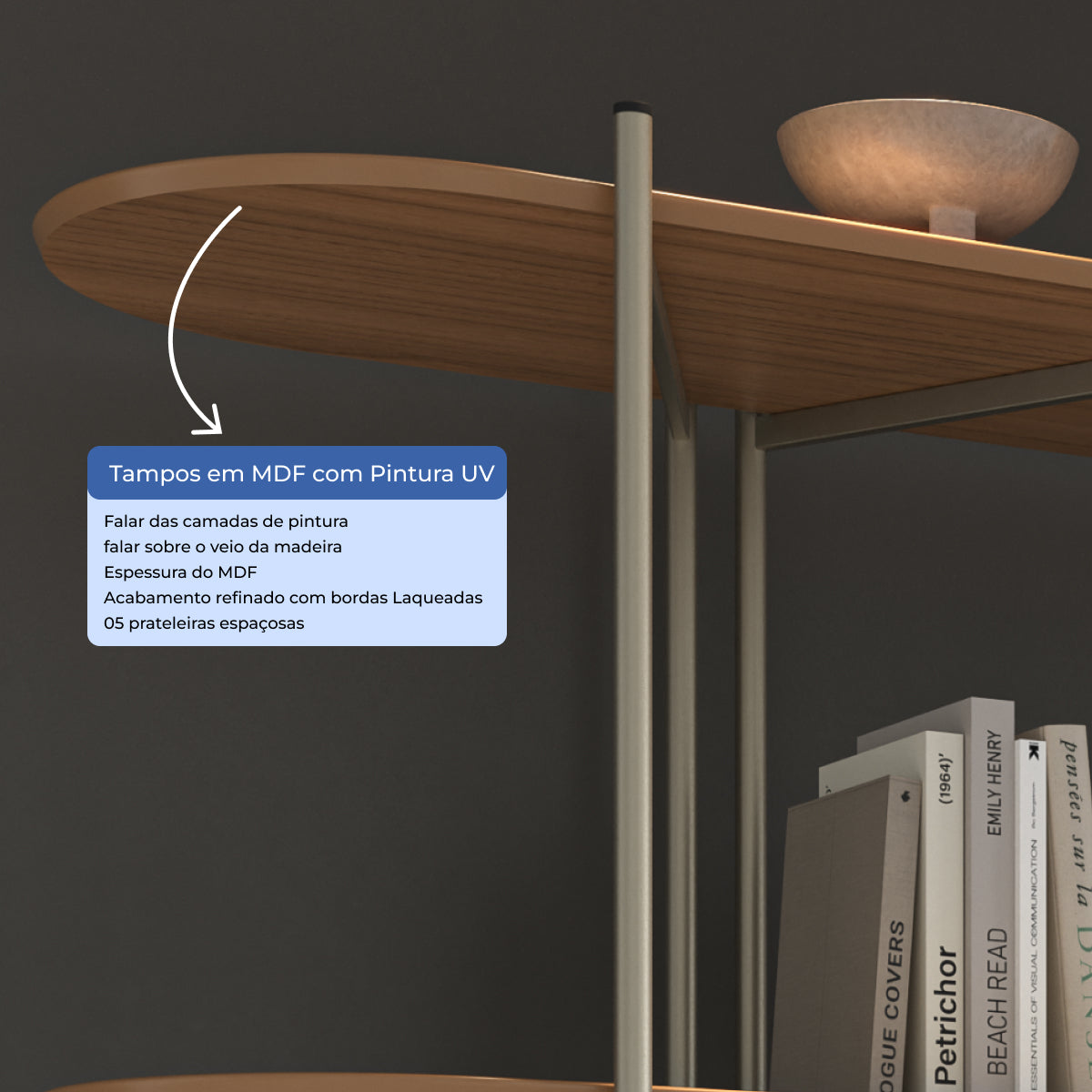 Estante 5 Prateleiras Aço com MDF Enya 180cm Canella com Champanhe