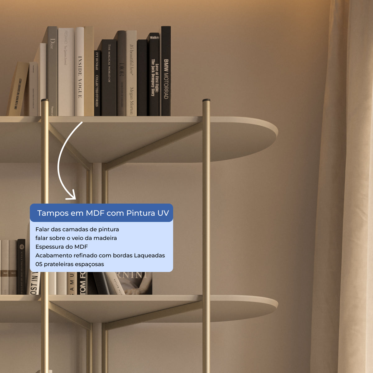 Estante 5 Prateleiras Aço com MDF Enya 180cm Off-White Fosco com Champanhe