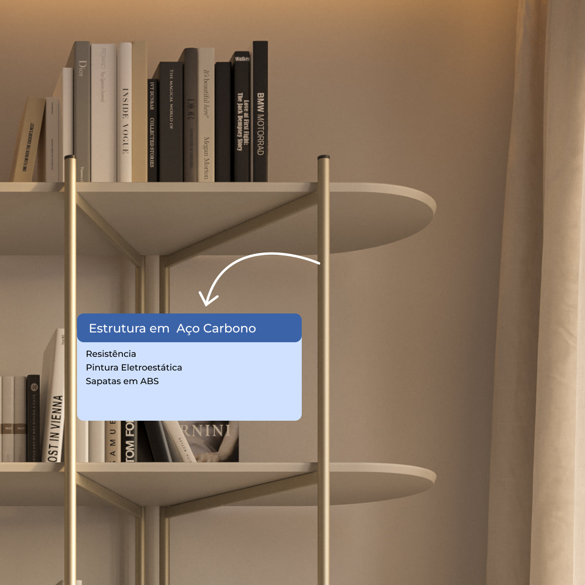 Estante 5 Prateleiras Aço com MDF Enya 180cm Off-White Fosco com Champanhe