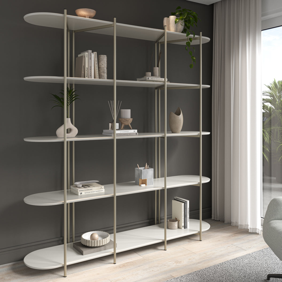 Estante 5 Prateleiras Aço com MDF Enya 180cm Off-White Fosco com Champanhe