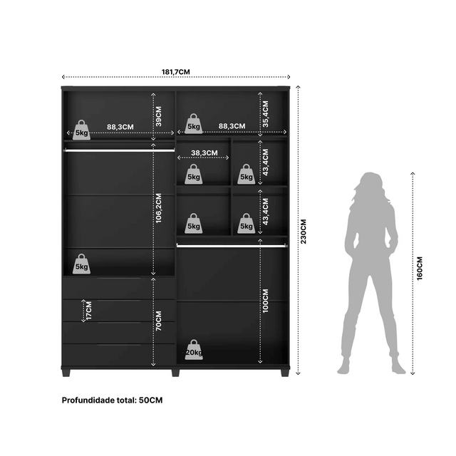 Homedock Guarda-Roupa Casal 4 Portas 4 Gavetas 100% MDF Allen 181 cm - Preto Fosco Móveis Província