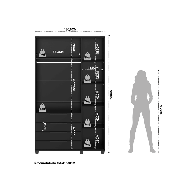 Homedock Guarda-Roupa Solteiro 3 Portas 4 Gavetas 100% MDF Allen 136 cm - Preto Fosco Móveis Província