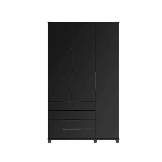 Homedock Guarda-Roupa Solteiro 3 Portas 4 Gavetas 100% MDF Allen 136 cm - Preto Fosco Móveis Província