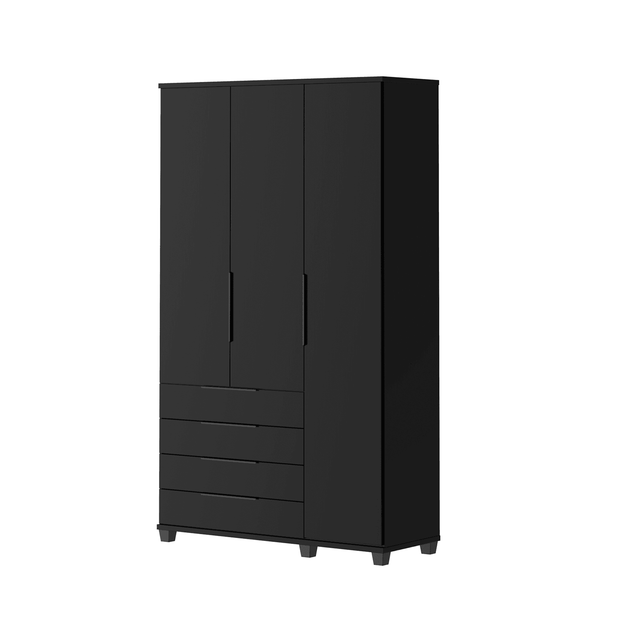 Homedock Guarda-Roupa Solteiro 3 Portas 4 Gavetas 100% MDF Allen 136 cm - Preto Fosco Móveis Província