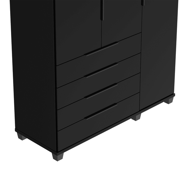 Homedock Guarda-Roupa Solteiro 3 Portas 4 Gavetas 100% MDF Allen 136 cm - Preto Fosco Móveis Província