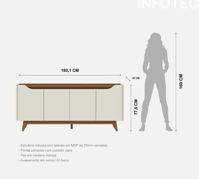 Buffet Pulse 180 cm - Canella c/ Off White Fosco