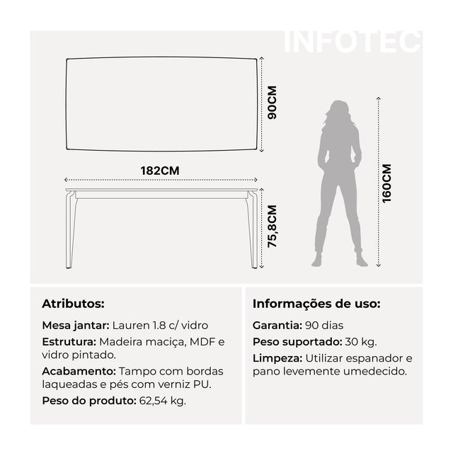 Mesa de Jantar Lauren 180 cm - Natural c/ Off White Fosco