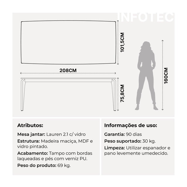 Mesa de Jantar Lauren 208 cm - Natural c/ Off White Fosco