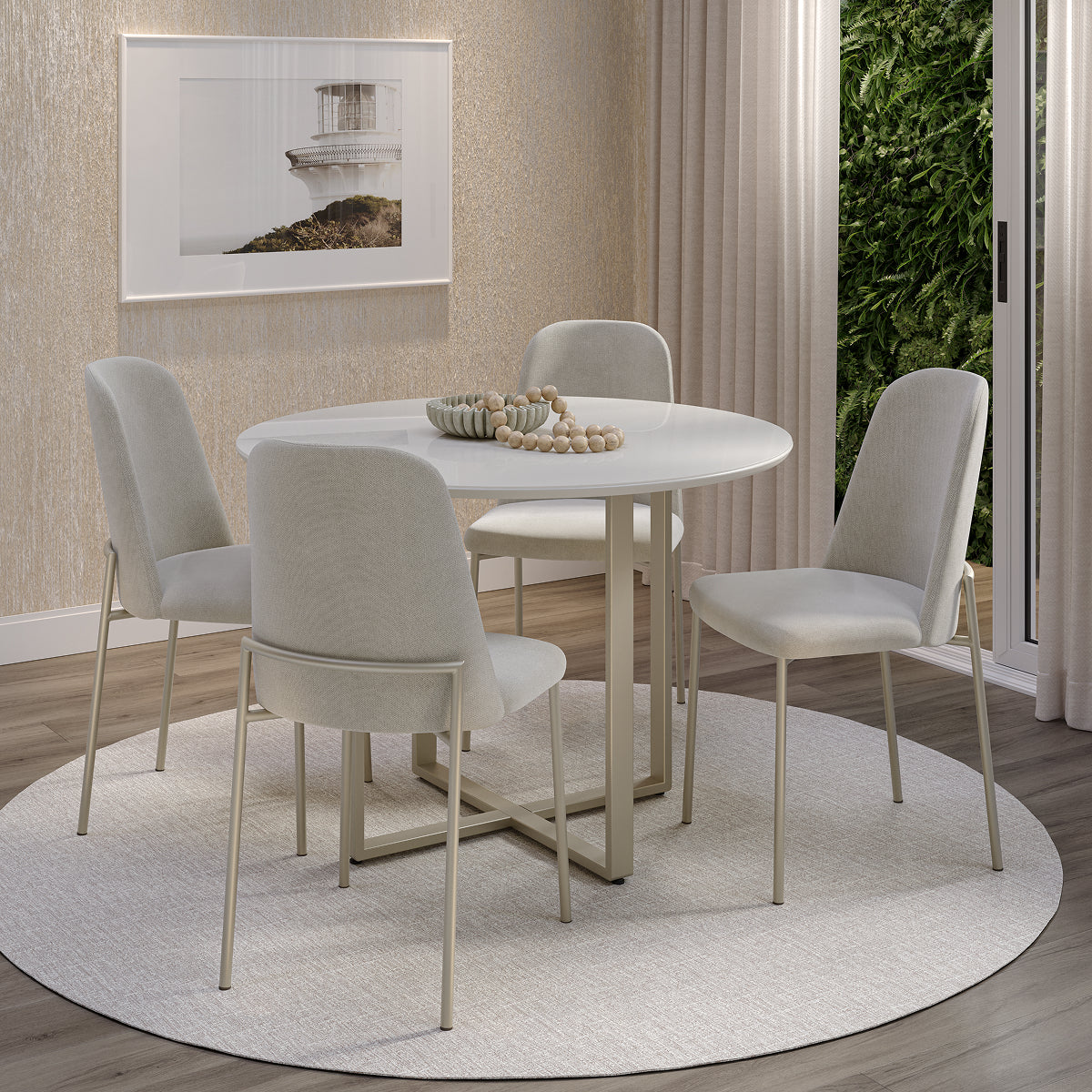 Mesa de Jantar Redonda com Vidro para 4 Lugares Arcádia 108cm Off-White Fosco com Champanhe