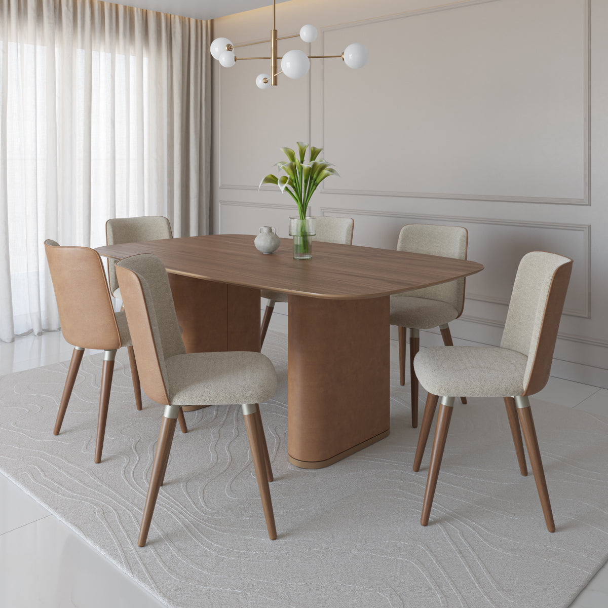 Mesa de Jantar Retangular para 6 Lugares Lintz 184cm Canella com PU Caramelo