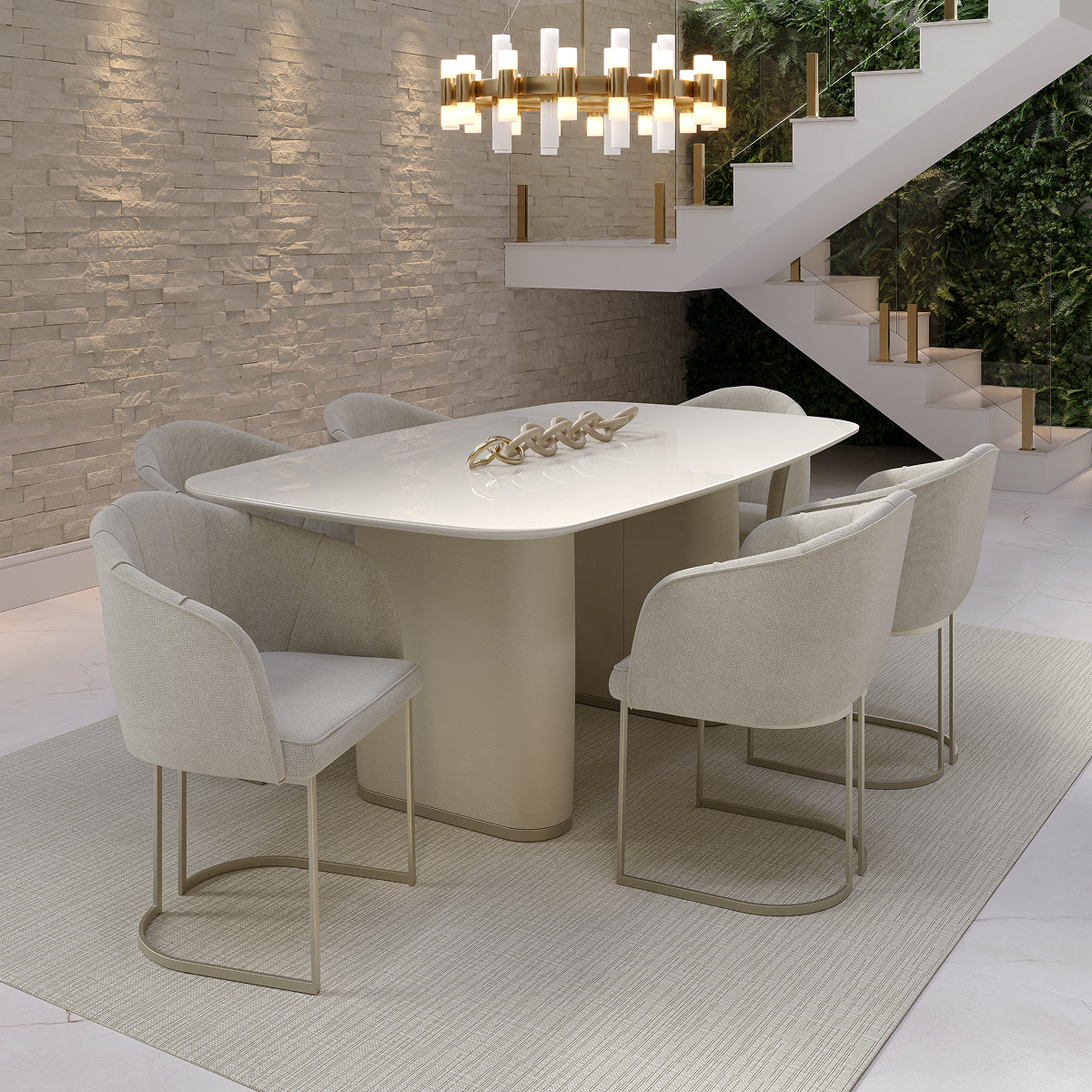 Mesa de Jantar Retangular com Vidro para 6 Lugares Lintz 184cm Off White Fosco com PU Off-White e Champanhe