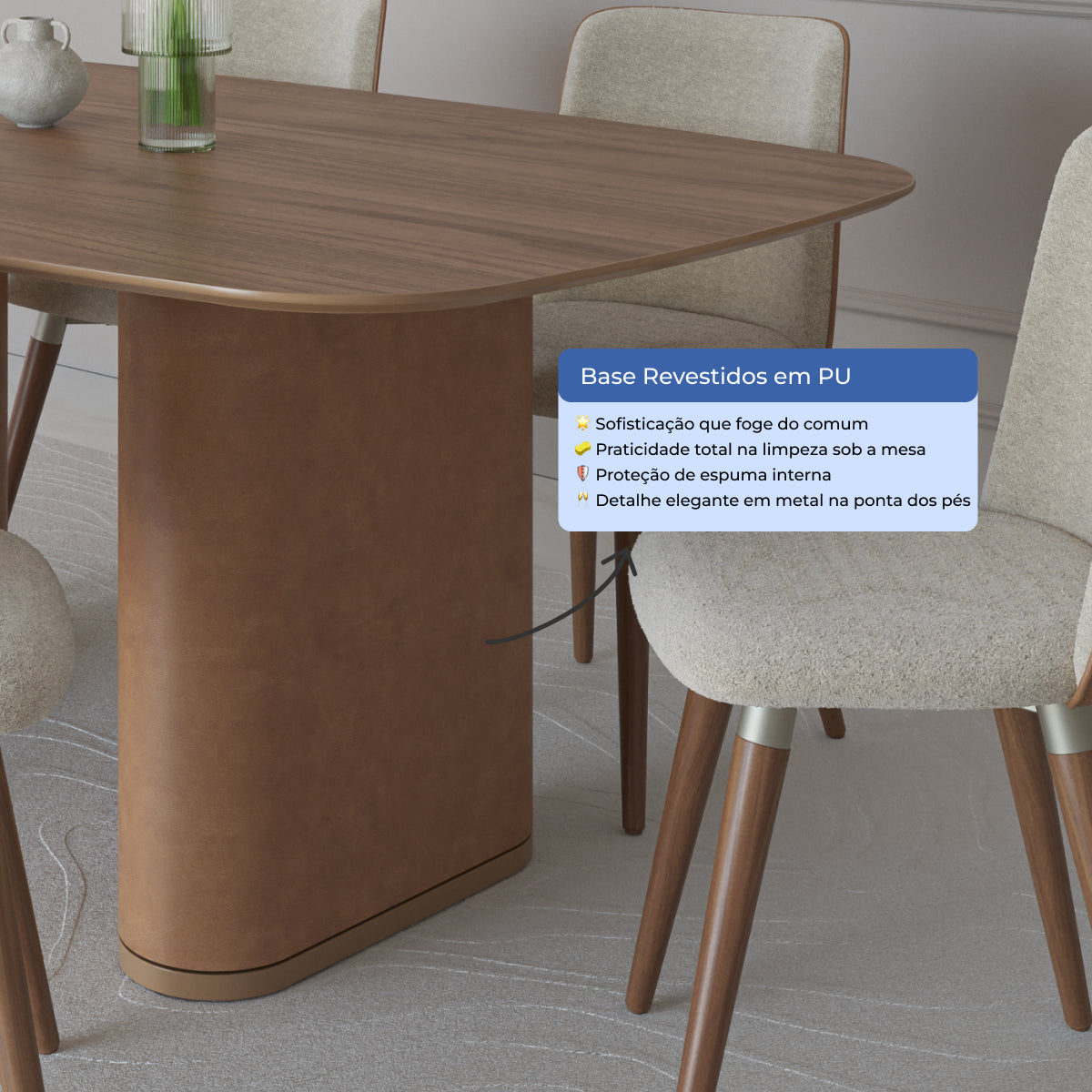 Mesa de Jantar Retangular para 8 Lugares Lintz 219cm Canella com PU Caramelo