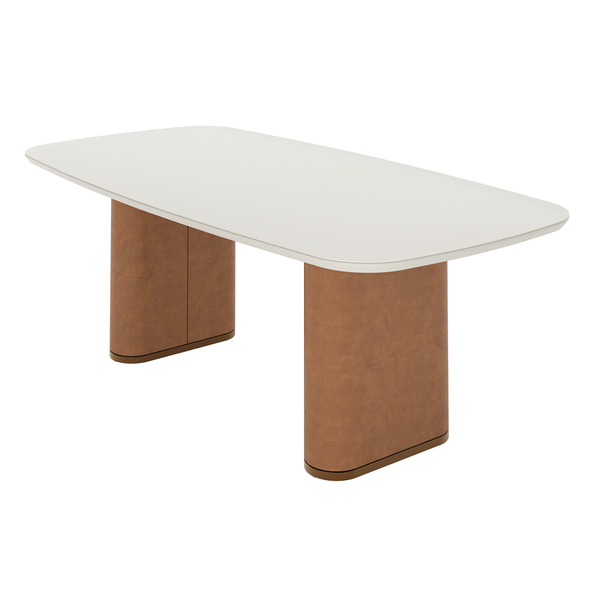 Mesa de Jantar Retangular com Vidro para 8 Lugares Lintz 219cm Off White Fosco com PU Caramelo e Canella