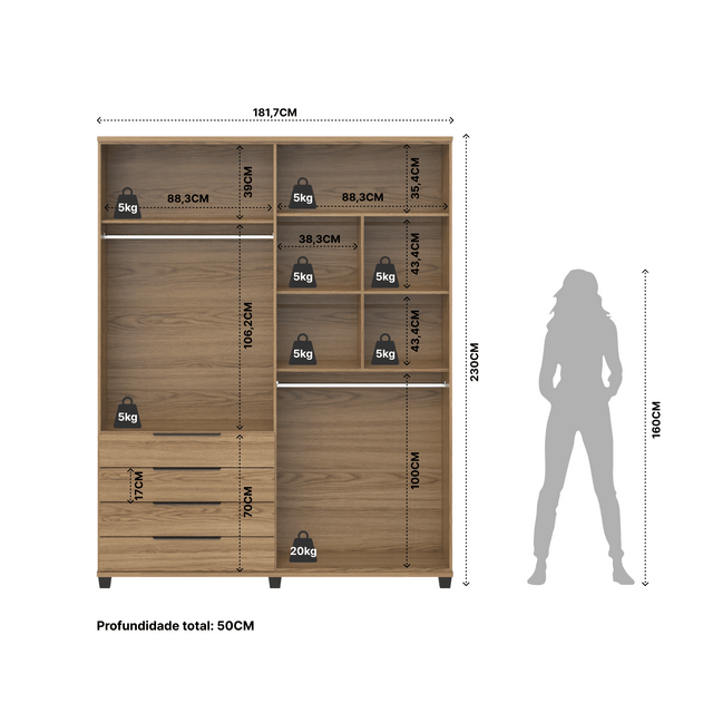 Homedock Guarda-Roupa Casal 4 Portas 4 Gavetas 100% MDF Allen 181 cm - Freijó c/ Preto Fosco Móveis Província