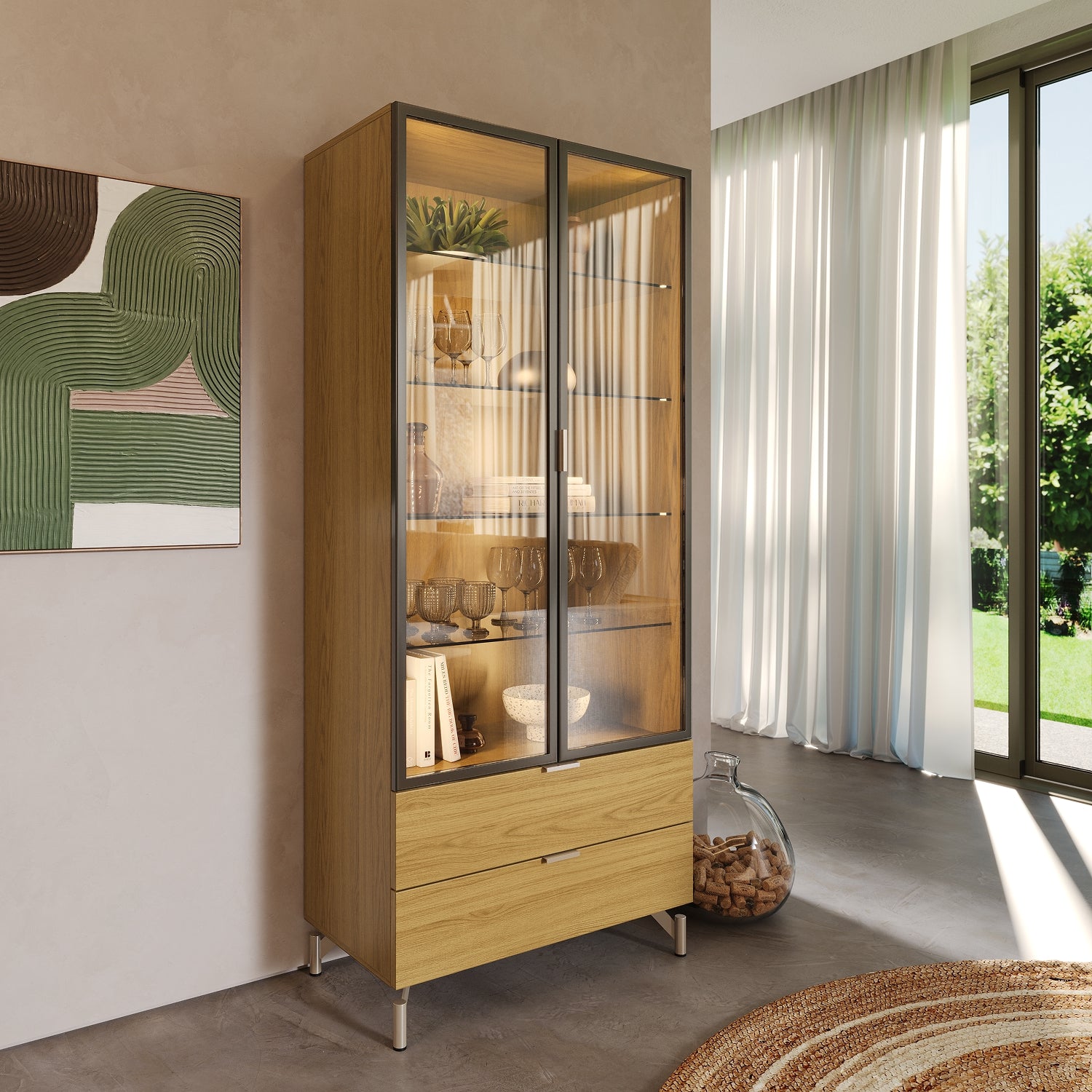 Cristaleira 2 Portas com Vidro Reflecta e Led 100% MDF Atria Canella