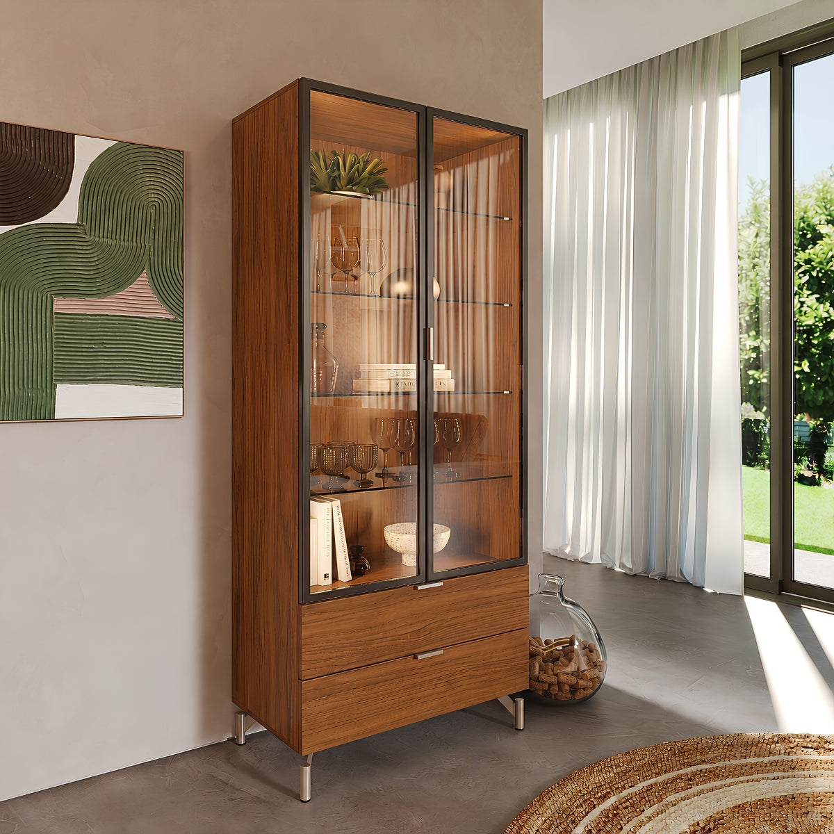 Cristaleira 2 Portas com Vidro Reflecta e Led 100% MDF Atria Canella