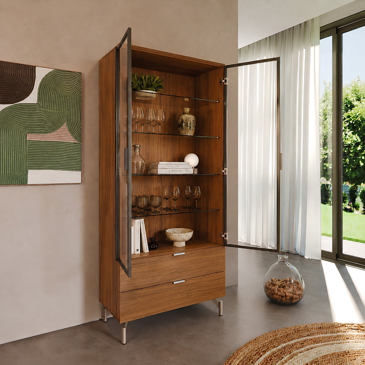 Cristaleira 2 Portas com Vidro Reflecta e Led 100% MDF Atria Canella