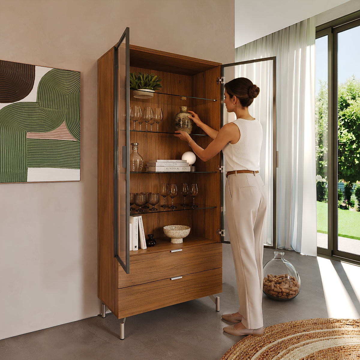 Cristaleira 2 Portas com Vidro Reflecta e Led 100% MDF Atria Canella