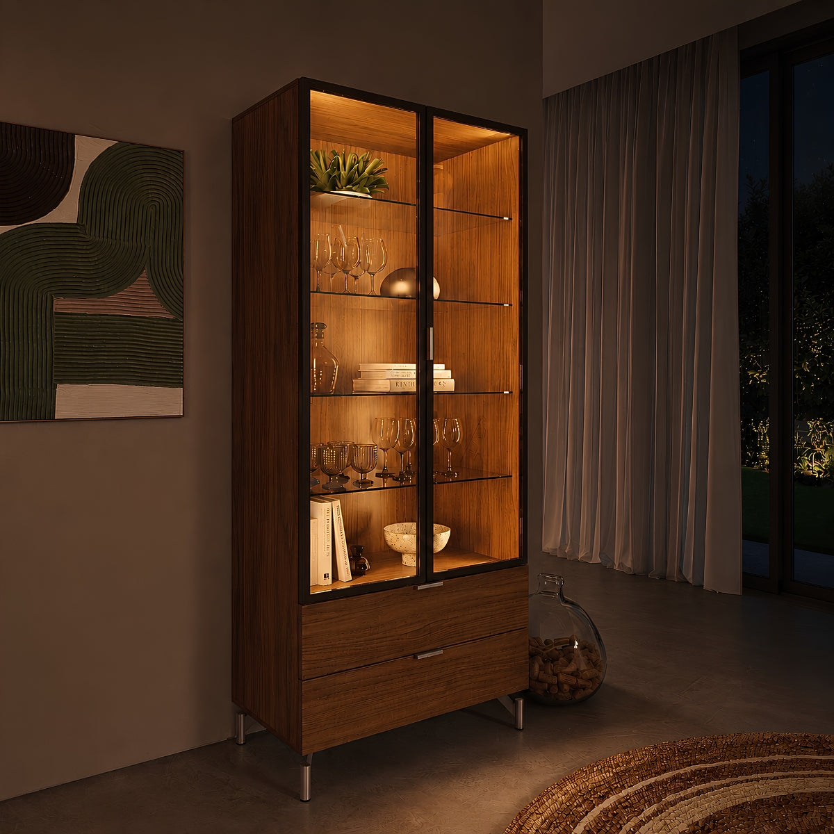 Cristaleira 2 Portas com Vidro Reflecta e Led 100% MDF Atria Canella