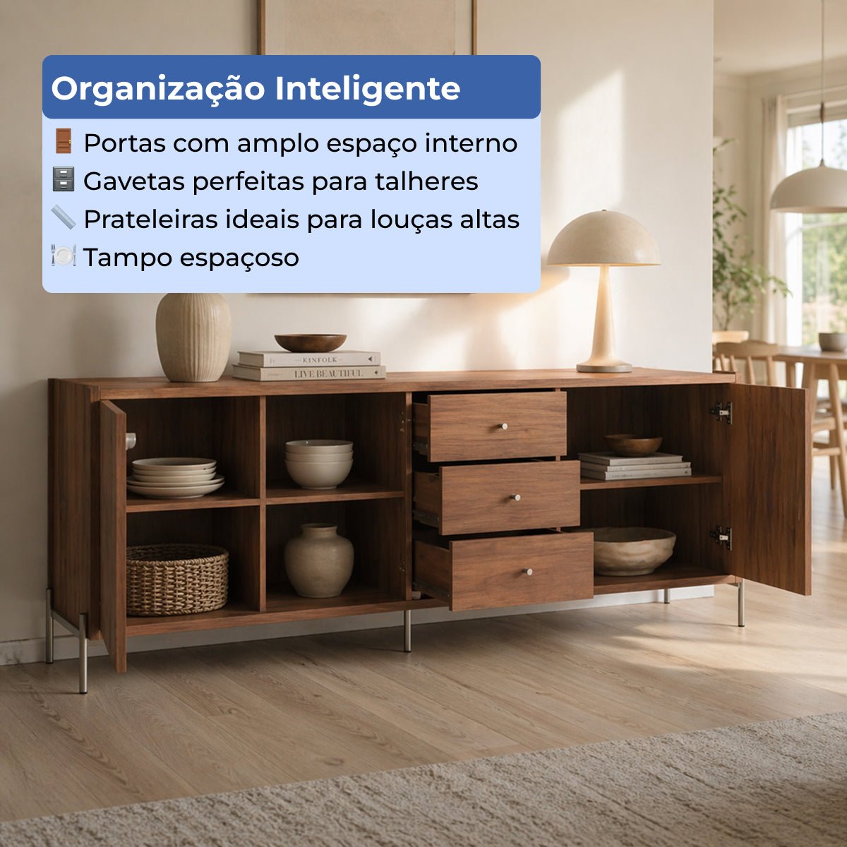 Buffet 3 Portas 3 Gavetas Jasper 185cm Canella com Champanhe - Província - Buffet