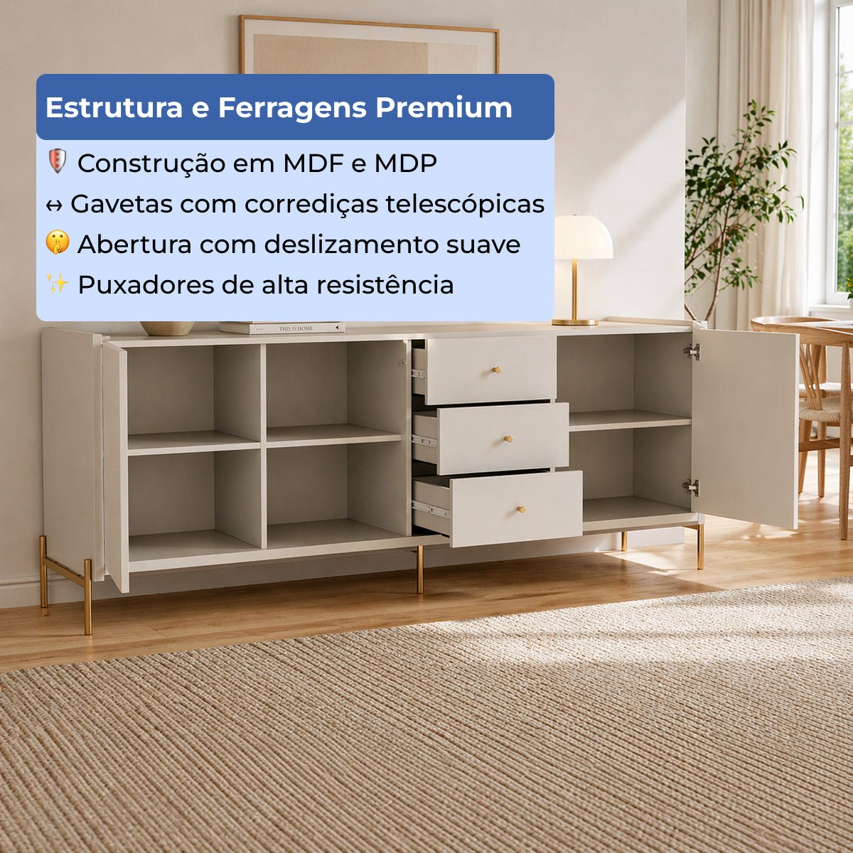 Buffet 3 Portas 3 Gavetas Jasper 185cm Off - White Fosco com Dourado - Província - Buffet