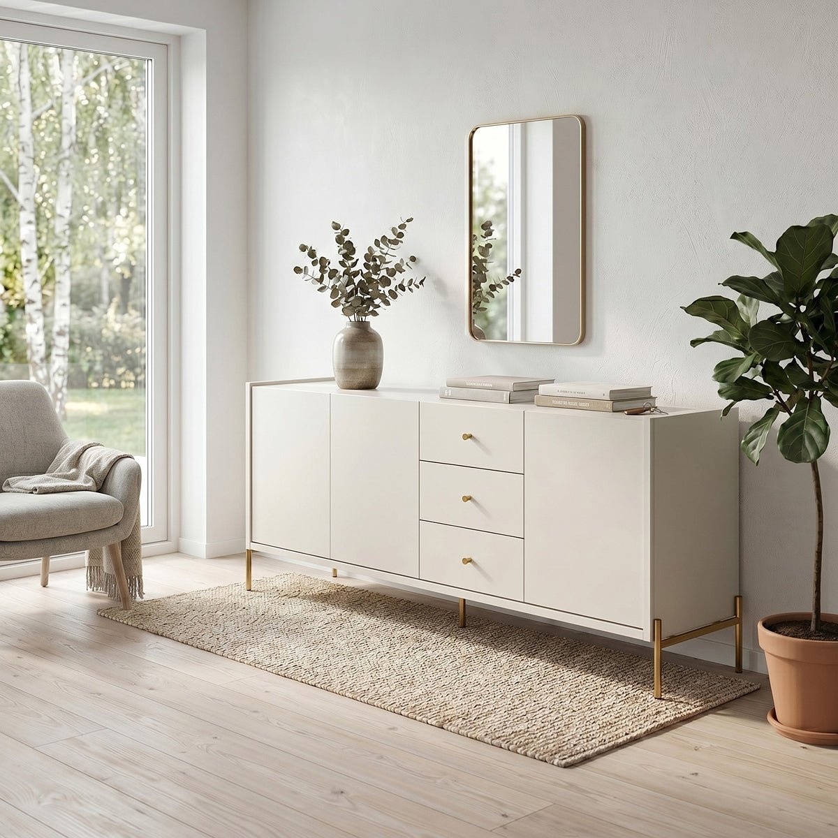 Buffet 3 Portas 3 Gavetas Jasper 185cm Off - White Fosco com Dourado - Província - Buffet