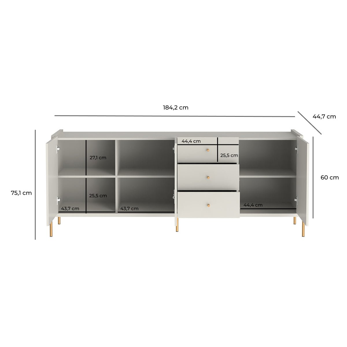 Buffet 3 Portas 3 Gavetas Jasper 185cm Off - White Fosco com Dourado - Província - Buffet
