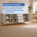 Buffet 3 Portas 3 Gavetas Jasper 185cm Off - White Fosco com Dourado - Província - Buffet