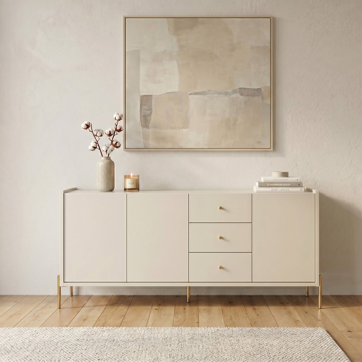 Buffet 3 Portas 3 Gavetas Jasper 185cm Off - White Fosco com Dourado - Província - Buffet