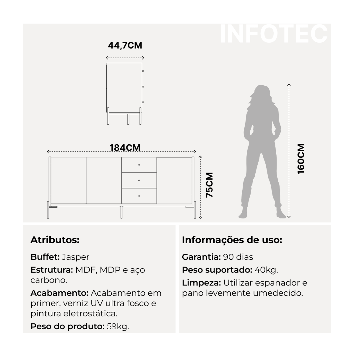 Buffet Jasper 185 cm - Off White Fosco c/ Dourado - Província - Buffet