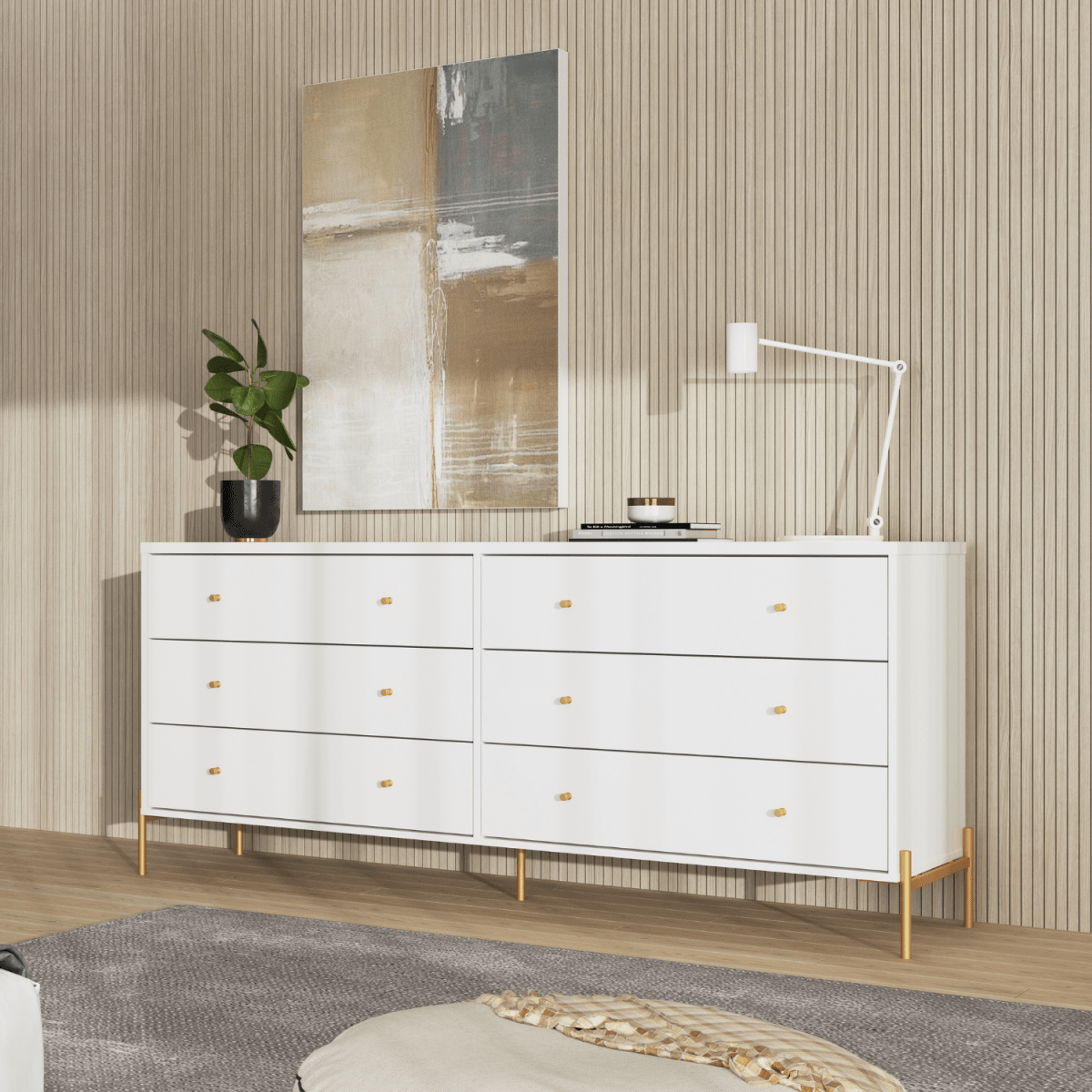 Cômoda 6 Gavetas Jasper 182 cm Branco Gloss com Dourado - Província - Cômoda