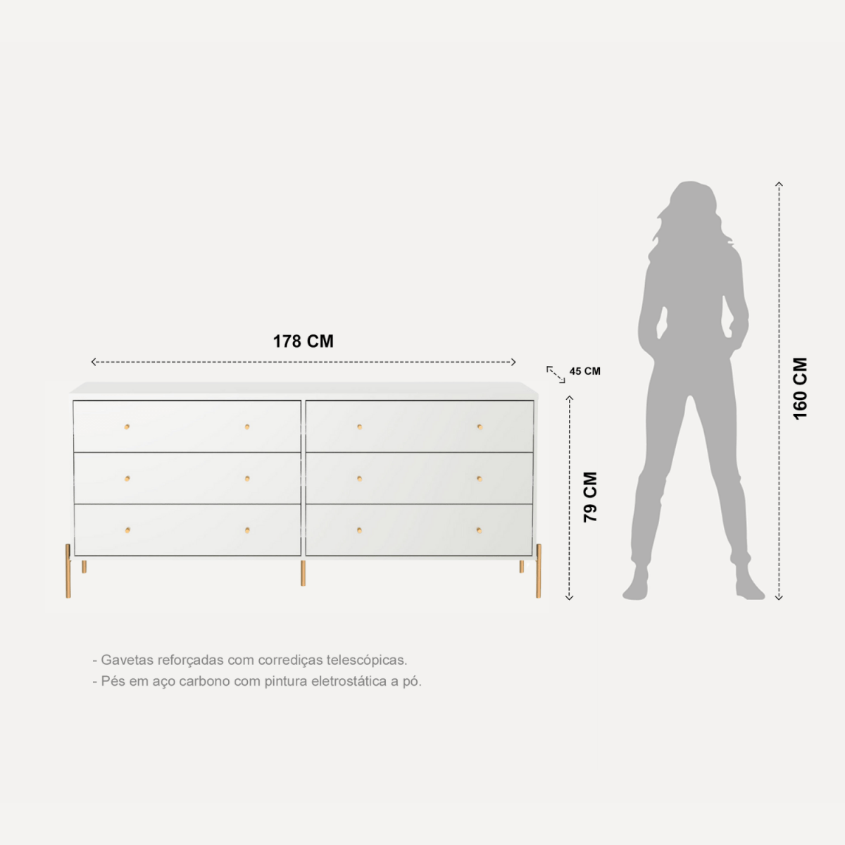 Cômoda 6 Gavetas Jasper 182 cm Branco Gloss com Dourado - Província - Cômoda