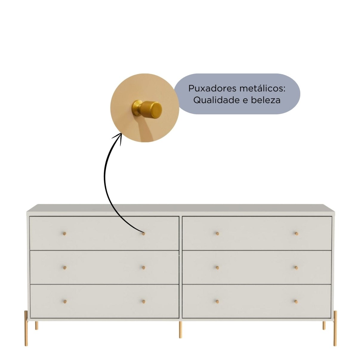 Cômoda 6 Gavetas Jasper 182 cm Off White Fosco com Dourado - Província - Cômoda